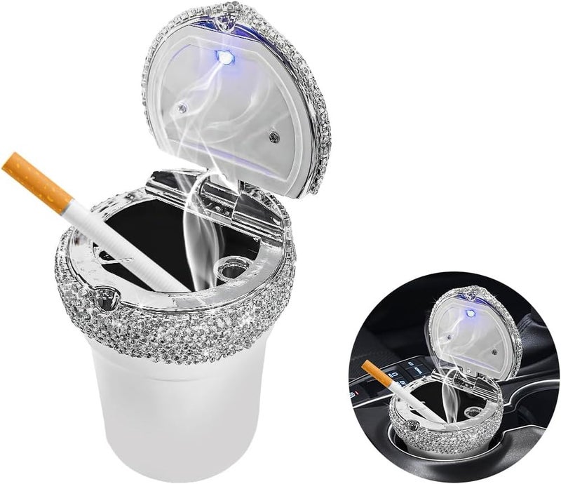 MUQIDA Car Ashtray with Lid, Bling Portable Ash Tray Cup Holder with LED Light Indicator, Sparkle Cigarette Smokeless Cylinder Ash Holder for Vehicle Home Office, Car Accessories (White) - Image 1